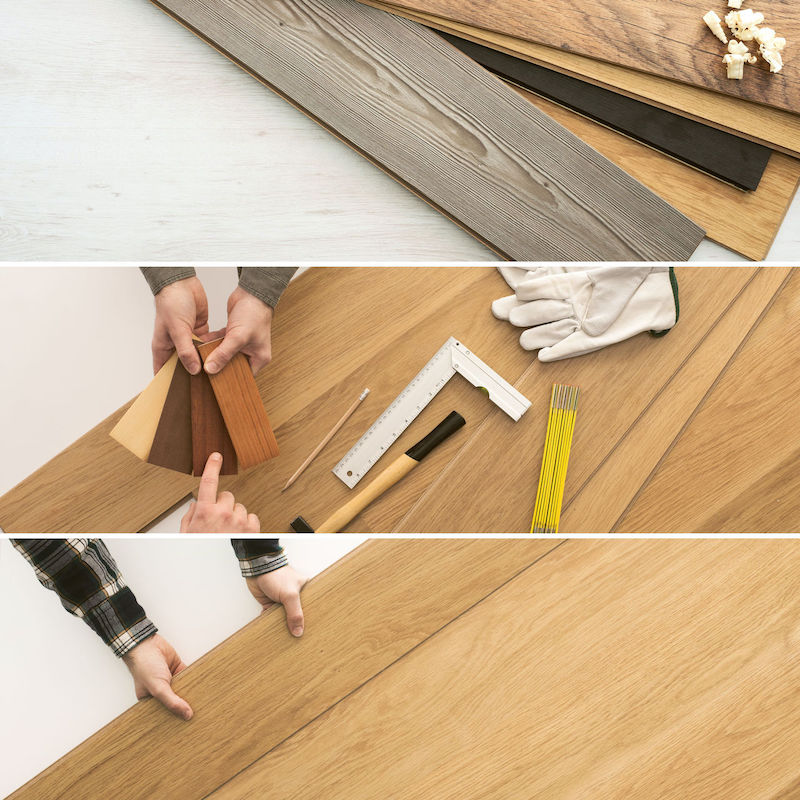 Carpenter installing wooden flooring  planks, home renovation and improvement concepts banners set